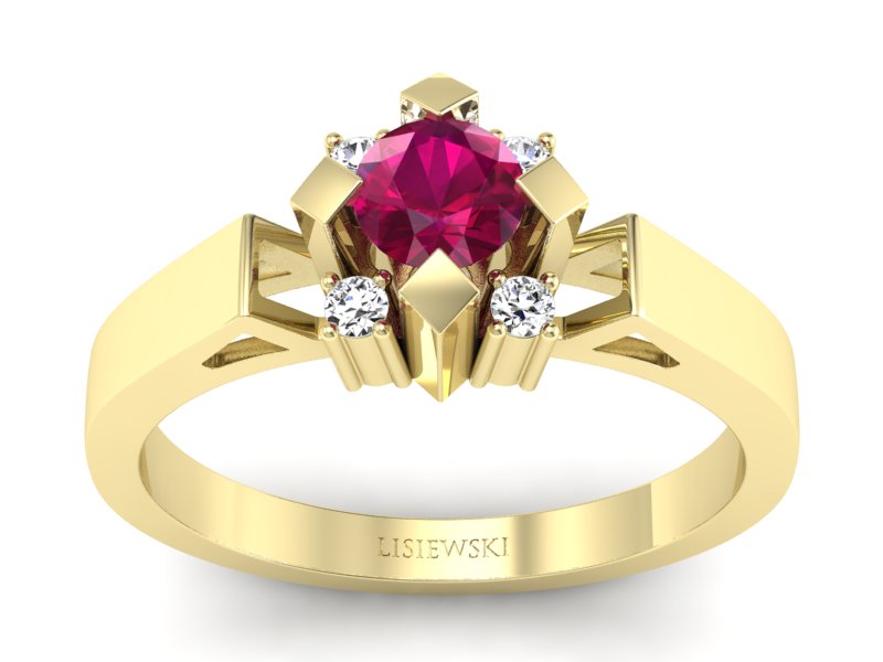 Pierścionek z rubinem i brylantami w żółtym złocie - 1087zr