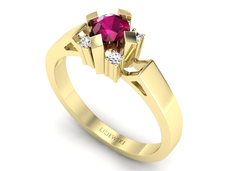 Pierścionek z rubinem i brylantami w żółtym złocie - 1087zr — zdjęcie 3