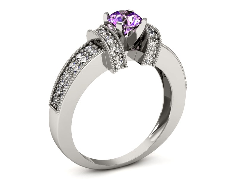 Pierścionek białe złoto z ametystem i brylantami - 1179bat — zdjęcie 3