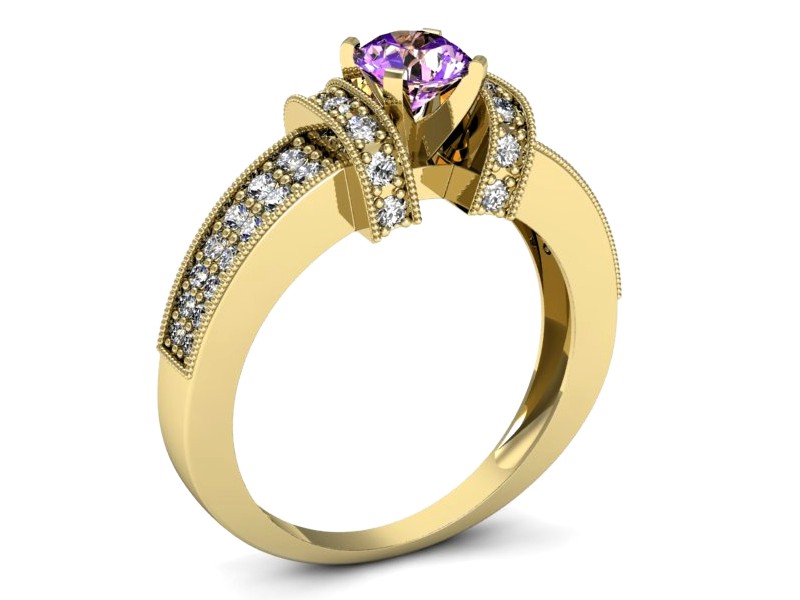 Pierścionek z ametystem i brylantami żółte złoto - 1179zat — zdjęcie 3