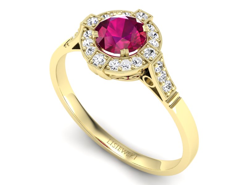 Pierścionek z rubinem i brylantami żółte złoto - 15098zr — zdjęcie 3