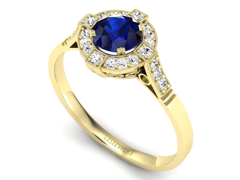Złoty pierścionek z szafirem z brylantami - 15098zsz — zdjęcie 3