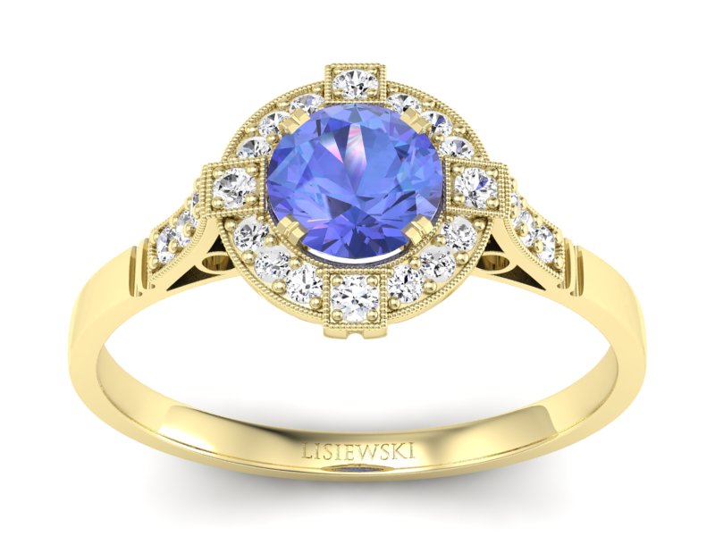 Złoty pierścionek z tanzanitem z brylantami - 15098zt