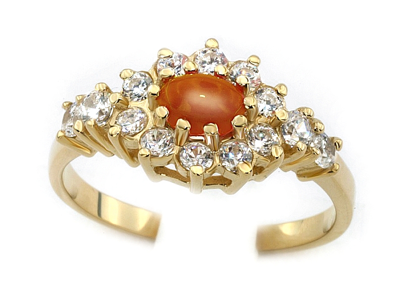 Pierścionek z cyrkoniami żółte złoto z koralem - 18kor