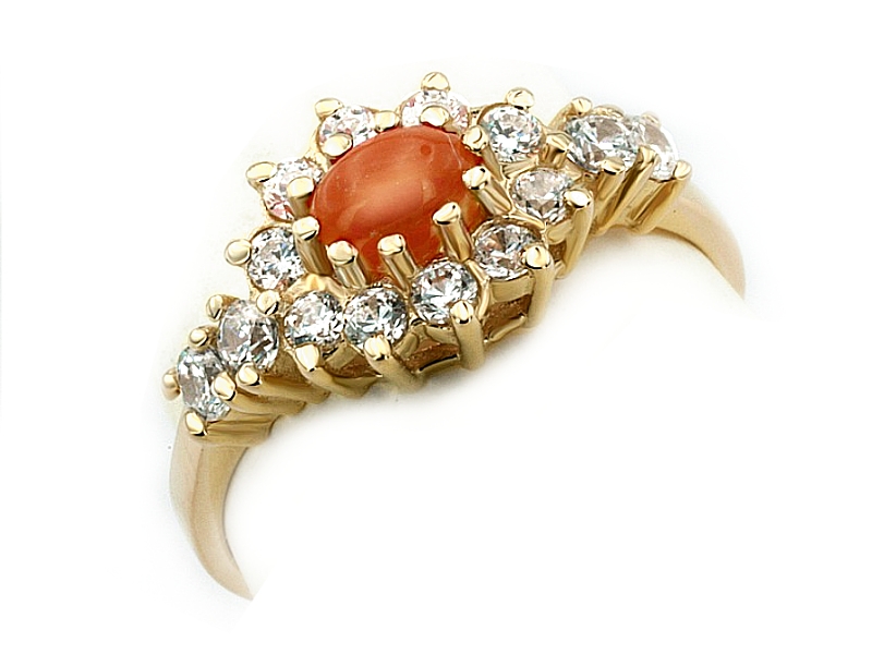 Pierścionek z cyrkoniami żółte złoto z koralem - 18kor — zdjęcie 2