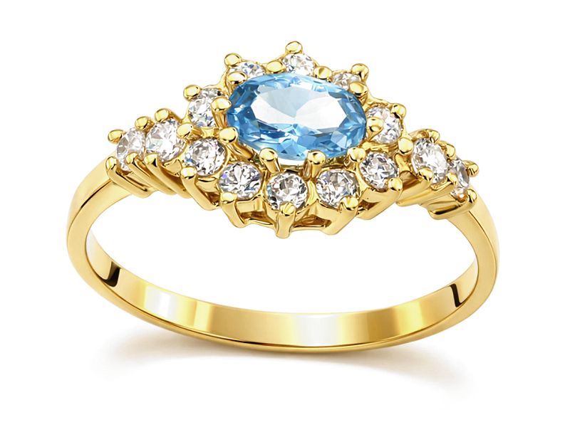 Pierścionek z cyrkoniami i akwamarynem żółte złoto - 18n_p