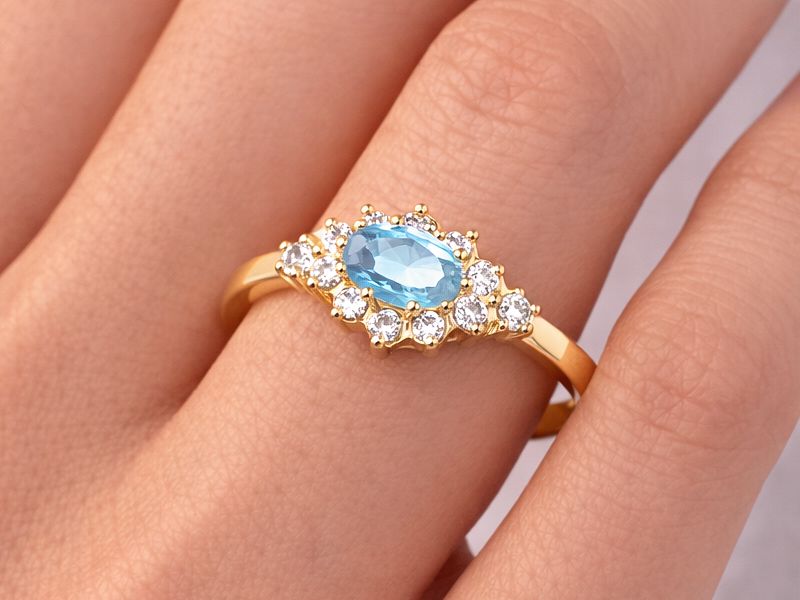 Pierścionek z cyrkoniami i akwamarynem żółte złoto - 18n_p — zdjęcie 2