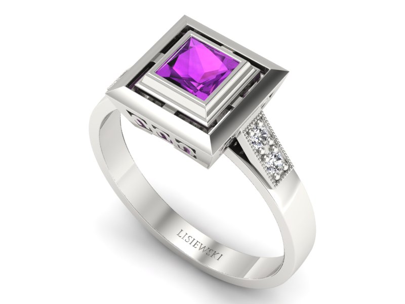 Pierścionek białe złoto z ametystem i brylantami - 20050bam — zdjęcie 3