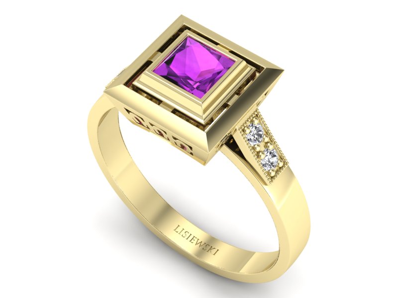 Pierścionek z ametystem i brylantami żółte złoto - 20050zam — zdjęcie 3