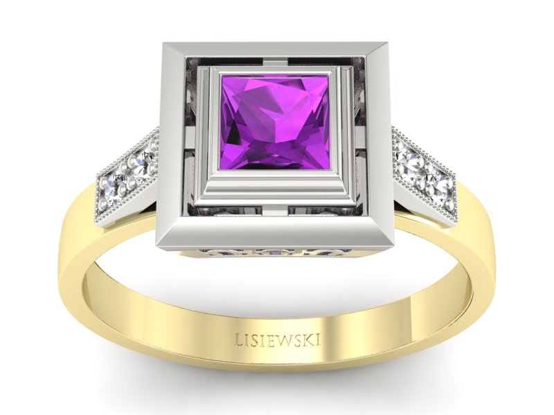 Złoty pierścionek z ametystem i brylantami - 20050zbam