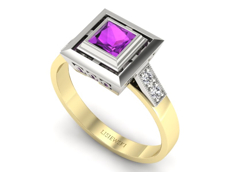 Złoty pierścionek z ametystem i brylantami - 20050zbam — zdjęcie 3