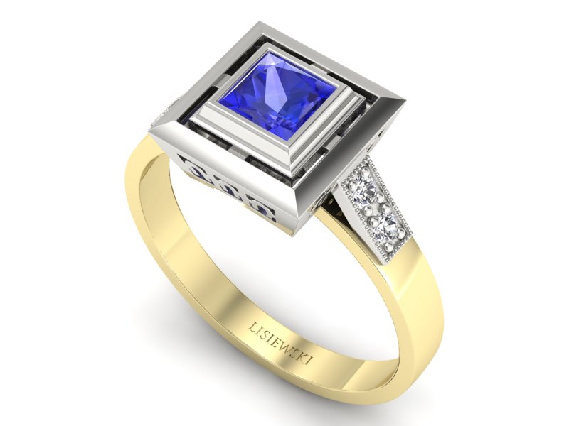 Pierścionek z szafirem i brylantami złoto dwukolorowe - 20050zbszc — zdjęcie 3