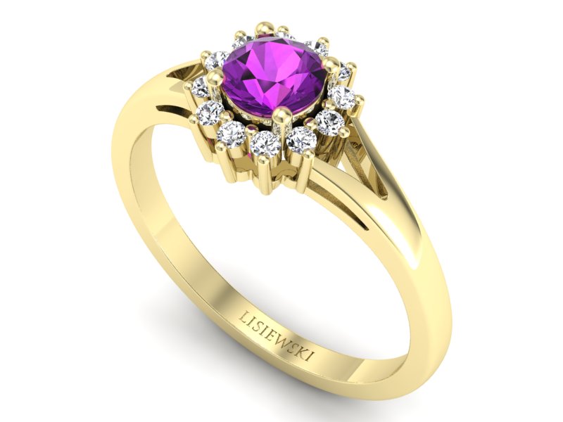 Pierścionek z ametystem i brylantami żółte złoto - 20052zat — zdjęcie 3
