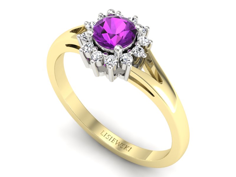 Pierścionek z ametystem i brylantami złoto dwukolorowe - 20052zbat — zdjęcie 3