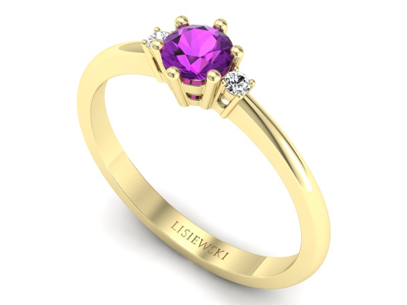 Złoty pierścionek z ametystem i diamentami - 2568skwpro — zdjęcie 3
