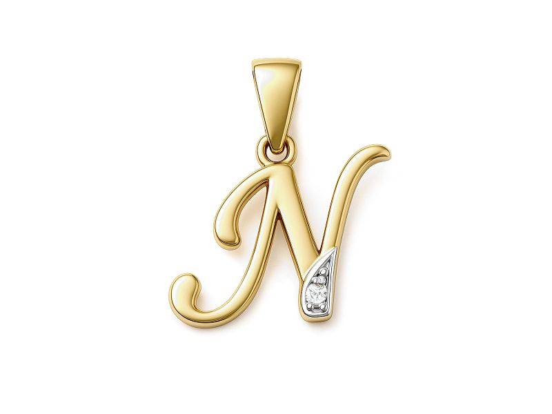 Złota zawieszka litera N z brylantem - 2w_N_br