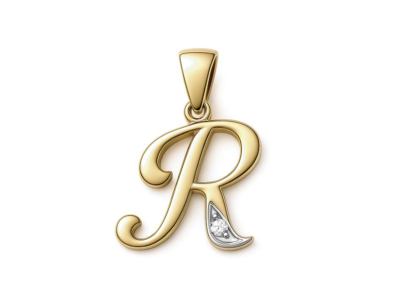 Złoty wisiorek litera R z cyrkonią - 2w_R_