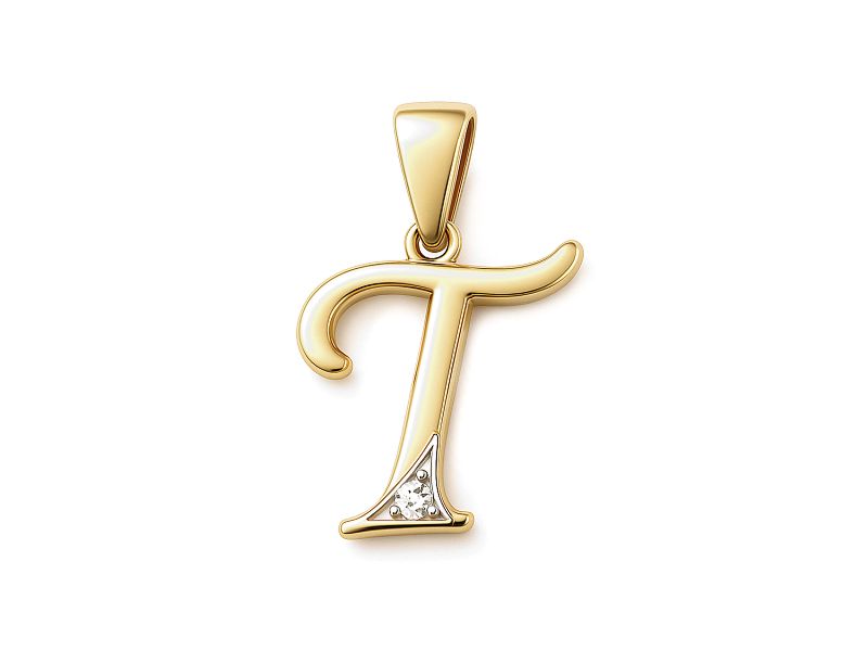 Złoty wisiorek litera T z cyrkonią - 2w_T_