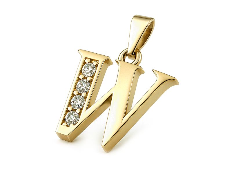 Złota zawieszka litera W z cyrkoniami - 608w_W