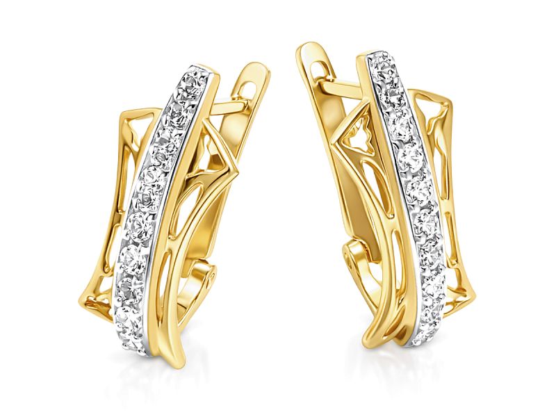 Złote kolczyki z cyrkoniami i rodowanym detalem - 8239
