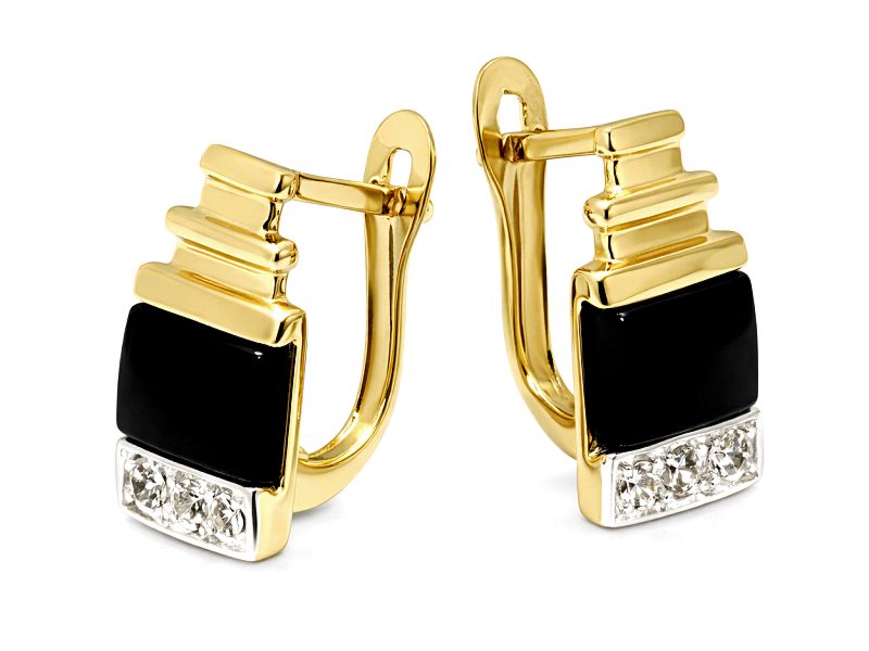 Złote kolczyki z onyksem i cyrkoniami - 8578