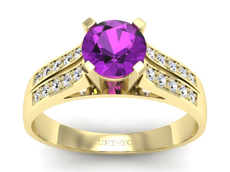Złoty pierścionek z ametystem i brylantami - p15011zat