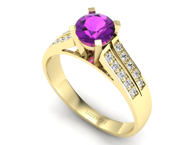 Złoty pierścionek z ametystem i brylantami - p15011zat — zdjęcie 3