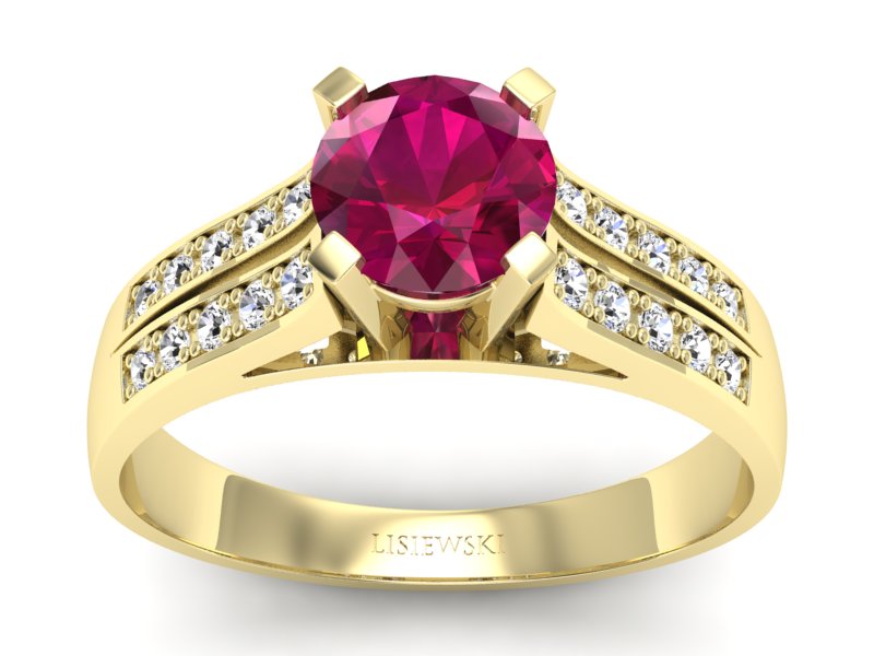 Pierścionek z rubinem i brylantami żółte złoto - p15011zr