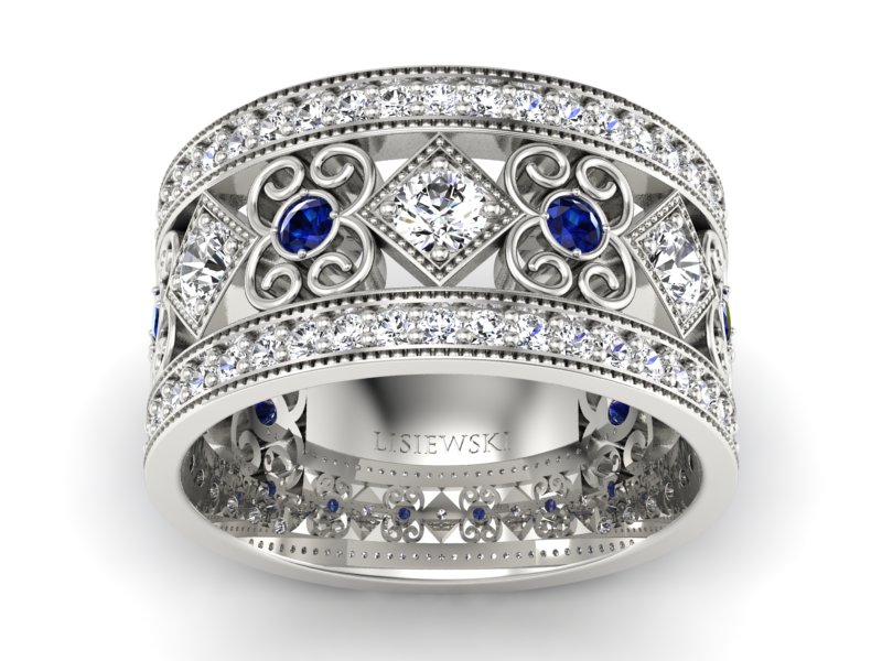 Pierścionek obrączka z brylantami z szafirami - P15022bszaf