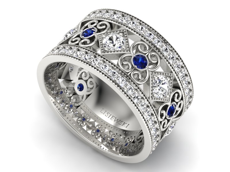 Pierścionek obrączka z brylantami z szafirami - P15022bszaf — zdjęcie 3