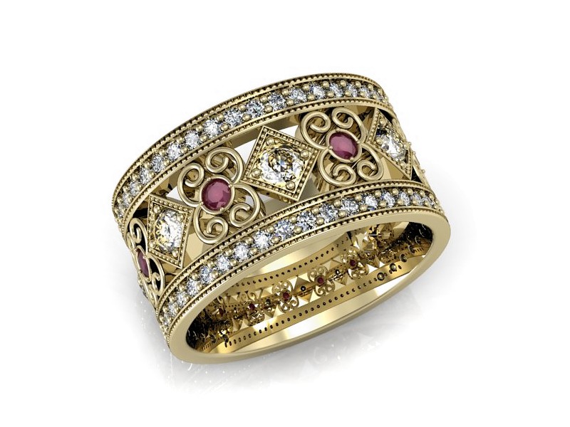 Pierścionek obrączka z brylantami i rubinami - p15022zr — zdjęcie 4