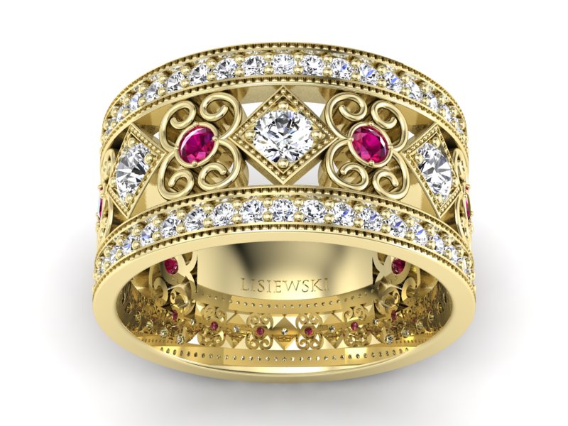 Pierścionek obrączka z brylantami i rubinami - p15022zr