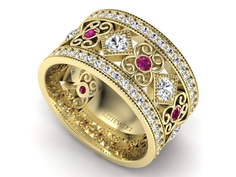 Pierścionek obrączka z brylantami i rubinami - p15022zr — zdjęcie 3