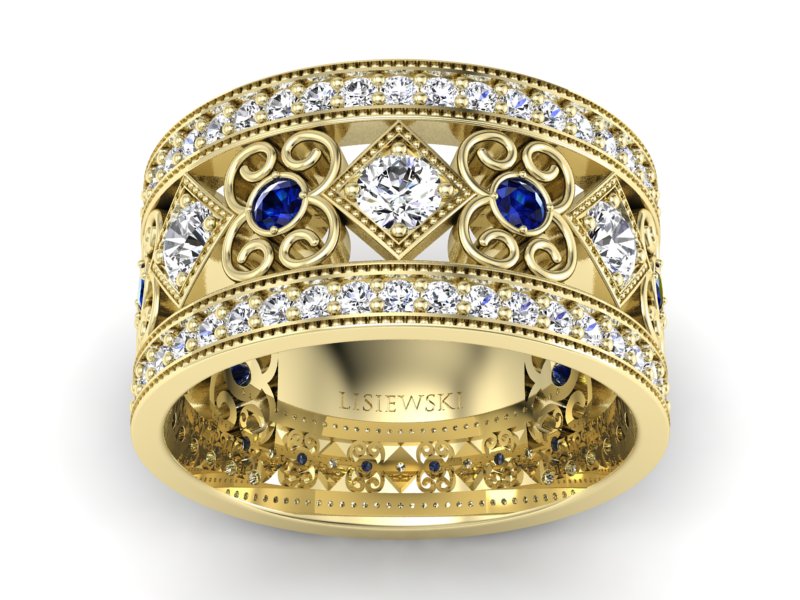 Pierścionek obrączka z brylantami i szafirami - p15022zsz