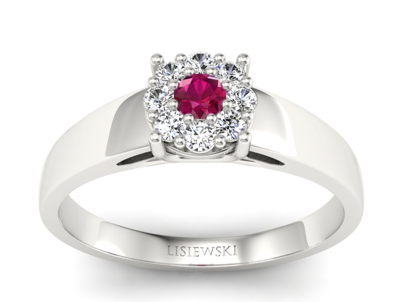 Pierścionek z rubinem i brylantami białe złoto - p15057br