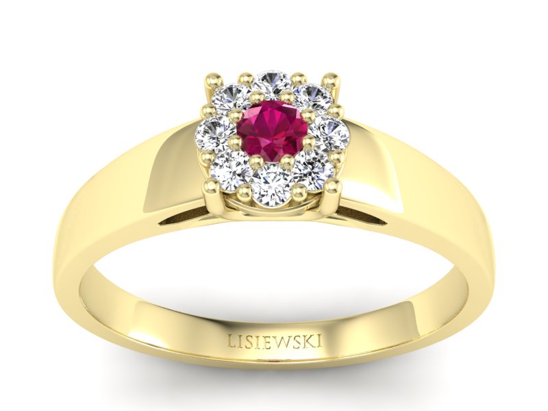Pierścionek z rubinem i brylantami żółte złoto - p15057zr