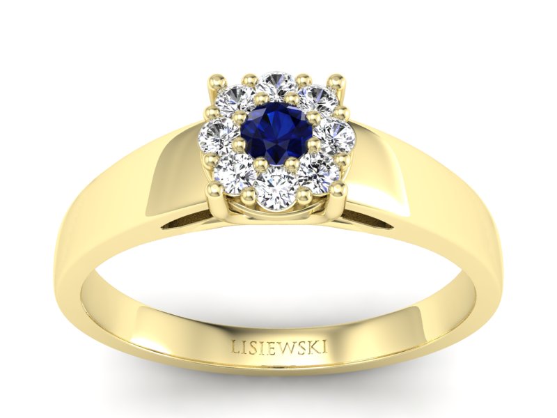 Pierścionek z szafirem i brylantami żółte złoto - p15057zsz