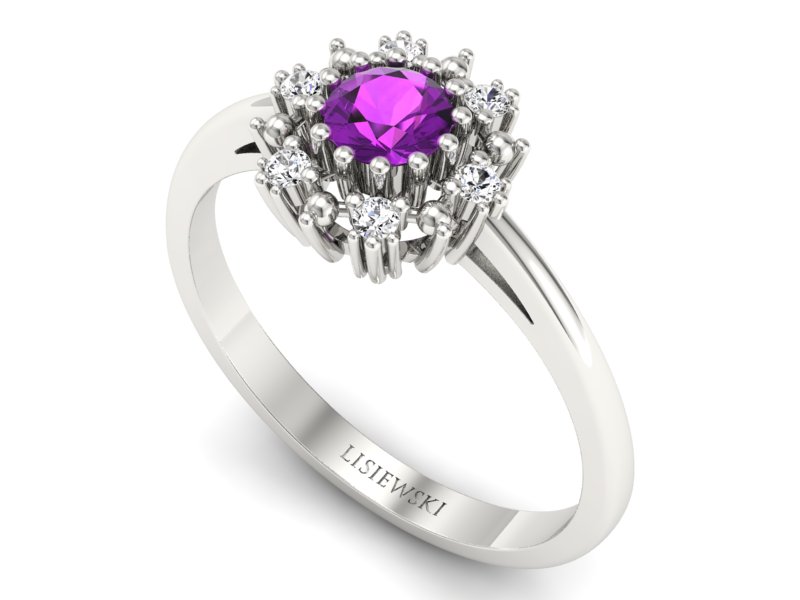 Pierścionek z ametystem i diamentami białe złoto - p15077bat — zdjęcie 3