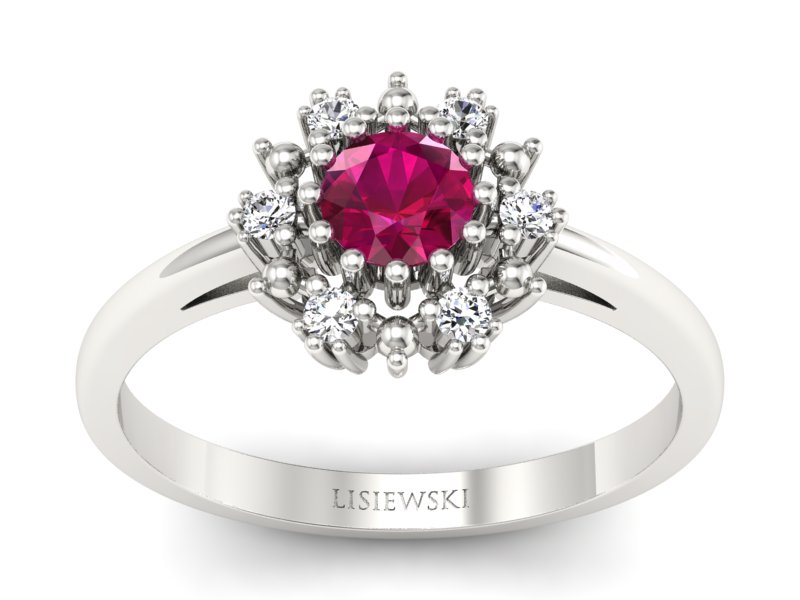 Pierścionek z rubinem i diamentami białe złoto - p15077br