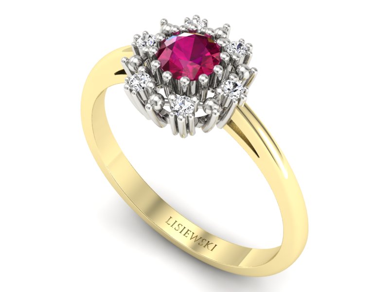 Złoty pierścionek z rubinem i diamentami - P15077BZR — zdjęcie 3