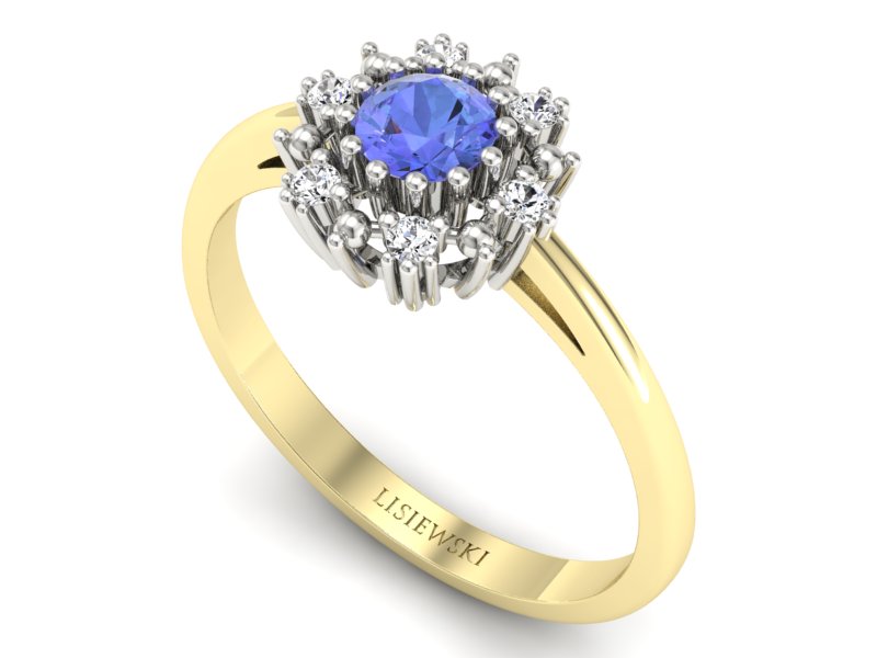Złoty pierścionek z tanzanitem i diamentami - P15077BZT — zdjęcie 3