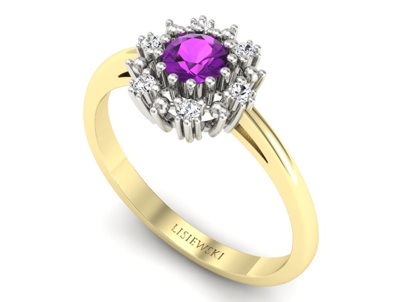 Złoty pierścionek z ametystem i diamentami - p15077zbat — zdjęcie 3