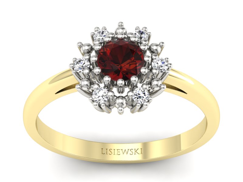 Złoty pierścionek z granatem i diamentami - p15077zbgr