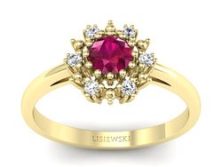 Pierścionek z rubinem i diamentami żółte złoto - p15077zr