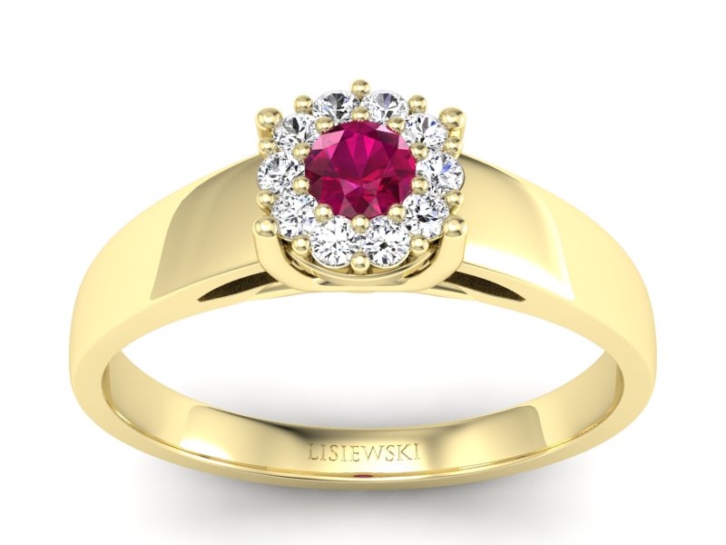 Pierścionek z rubinem i brylantami żółte złoto - p15082zr