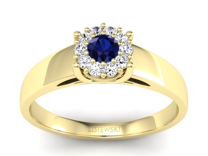 Pierścionek z szafirem i brylantami żółte złoto - p15082zsz