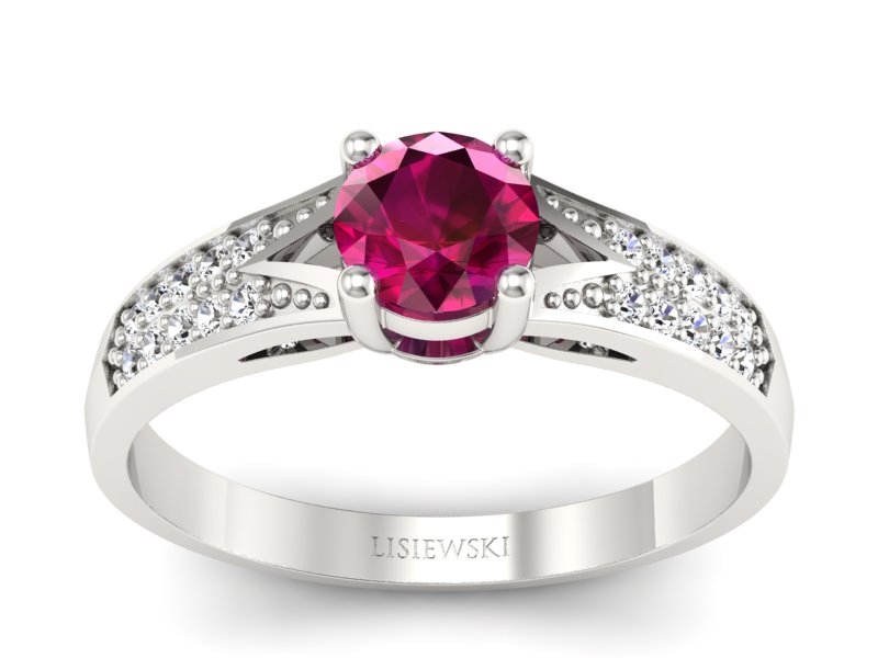 Pierścionek z rubinem i brylantami białe złoto - P15084BR