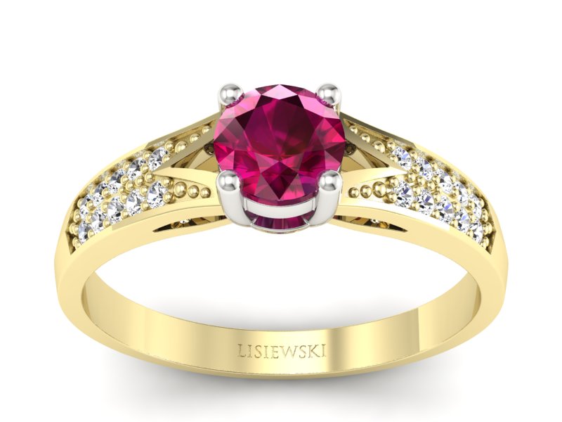 Złoty pierścionek z rubinem i diamentami - p15084zbr