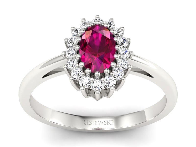 Pierścionek z rubinem i brylantami białe złoto - p15088br