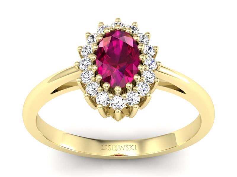 Pierścionek z rubinem i brylantami żółte złoto - p15088zr